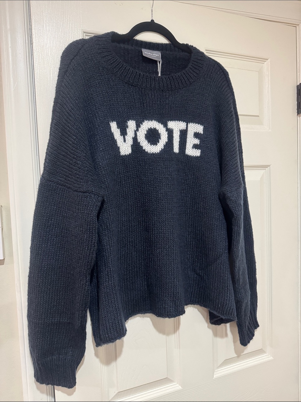Wooden Ships/Navy Crewneck Sweater with White "VOTE" Text/US Size XL/NWT!